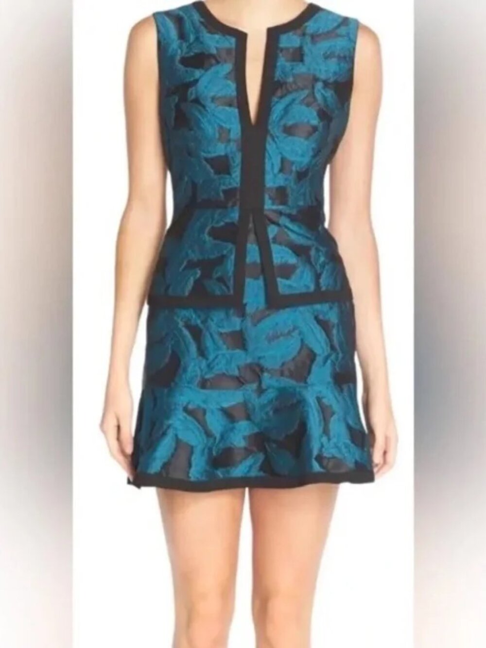 BCBGMAXAZRIA Suni Teal Feather Jacquard Peplum Dress Size 2 $338 Retail